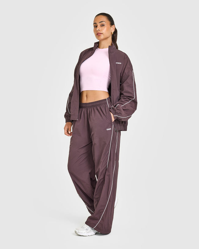 Oversized Piped Woven Straight Leg Track Bottoms | Deep Umber Brown