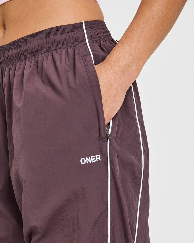Oversized Piped Woven Straight Leg Track Bottoms | Deep Umber Brown