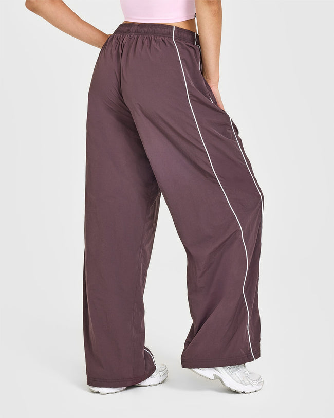 Oversized Piped Woven Straight Leg Track Bottoms | Deep Umber Brown