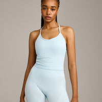 EnhanceLift™ Seamless Strappy Racer Vest with Built in Bra Shelf with Grey Logo | Cloud Blue