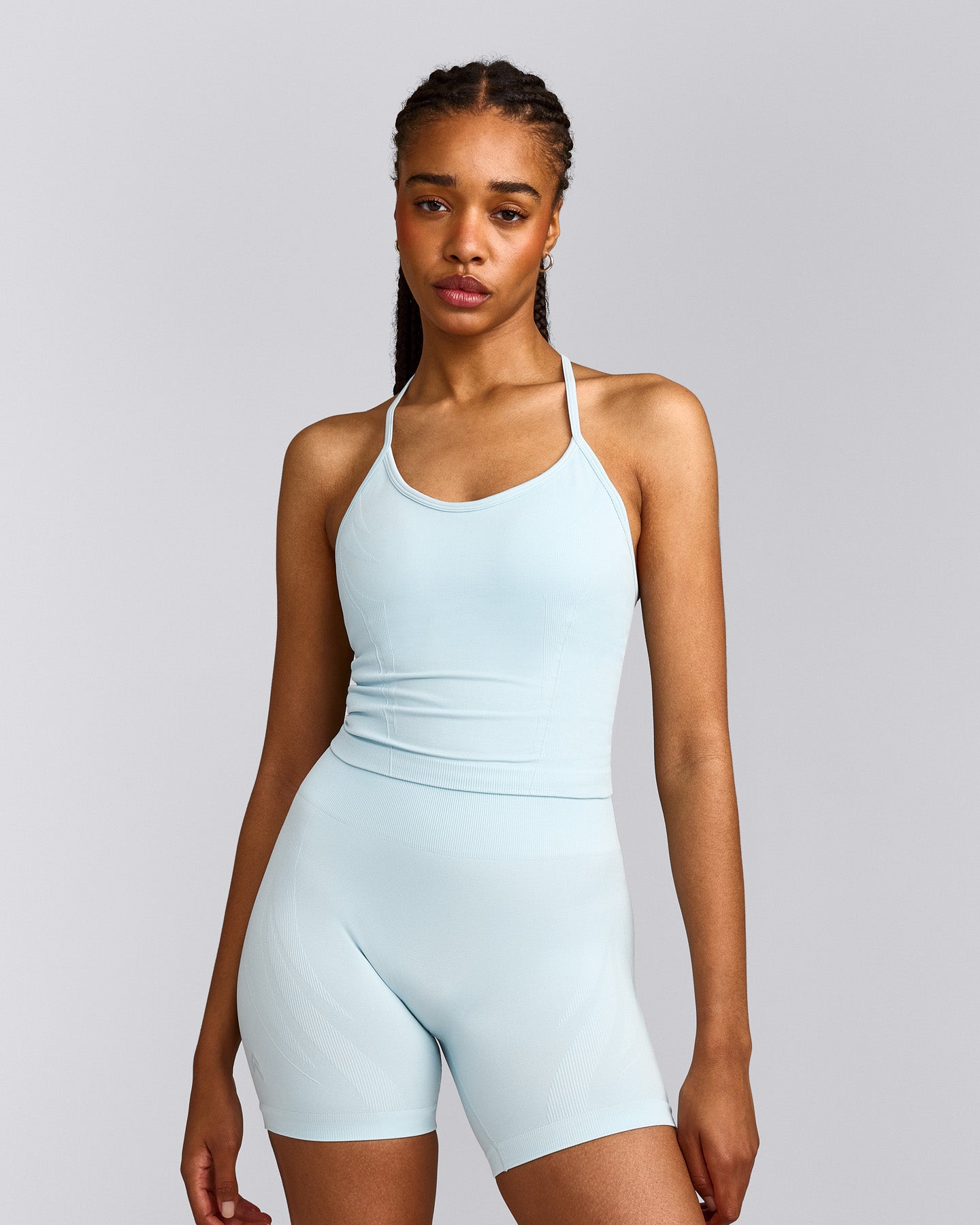 EnhanceLift™ Seamless Strappy Racer Tank Top with Built in Bra Shelf with Grey Logo | Cloud Blue