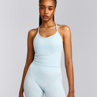 EnhanceLift™ Seamless Strappy Racer Tank Top with Built in Bra Shelf with Grey Logo | Cloud Blue