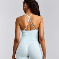 EnhanceLift™ Seamless Strappy Racer Tank Top with Built in Bra Shelf with Grey Logo | Cloud Blue
