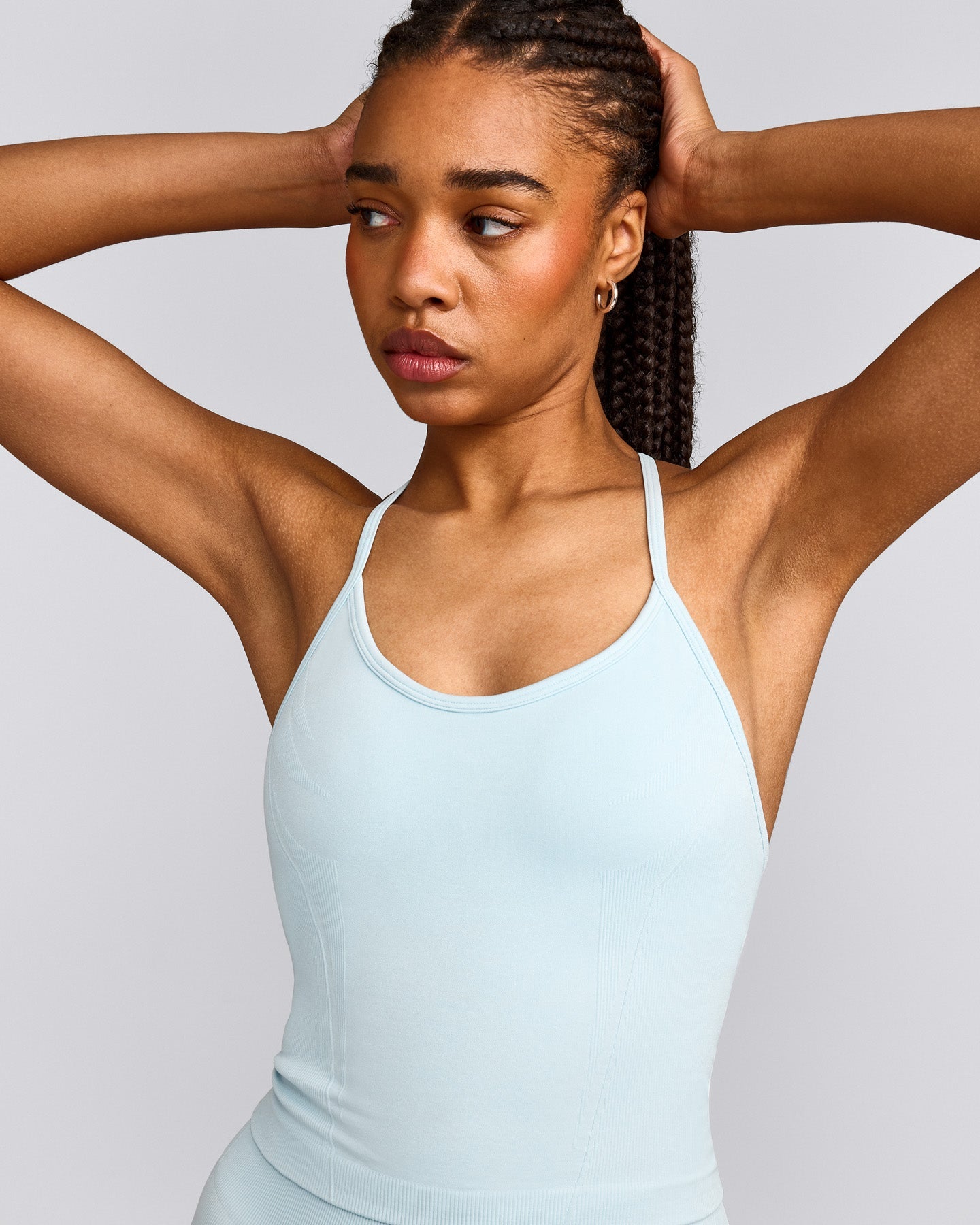 EnhanceLift™ Seamless Strappy Racer Tank Top with Built in Bra Shelf with Grey Logo | Cloud Blue