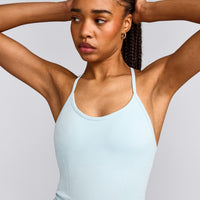 EnhanceLift™ Seamless Strappy Racer Tank Top with Built in Bra Shelf with Grey Logo | Cloud Blue