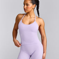 EnhanceLift™ Seamless Strappy Racer Tank Top with Built in Bra Shelf with Grey Logo | Lavender Purple