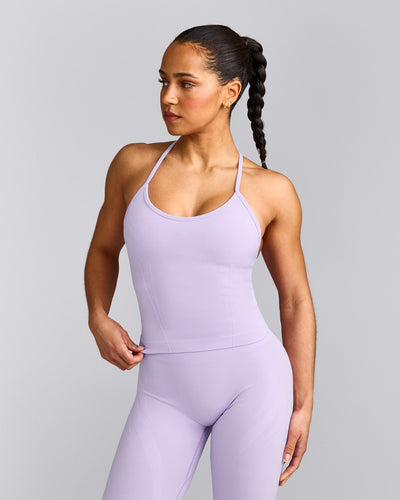 EnhanceLift™ Seamless Strappy Racer Tank Top with Built in Bra Shelf with Grey Logo | Lavender Purple
