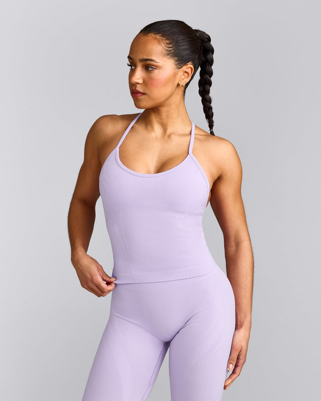 EnhanceLift™ Seamless Strappy Racer Tank Top with Built in Bra Shelf with Grey Logo | Lavender Purple