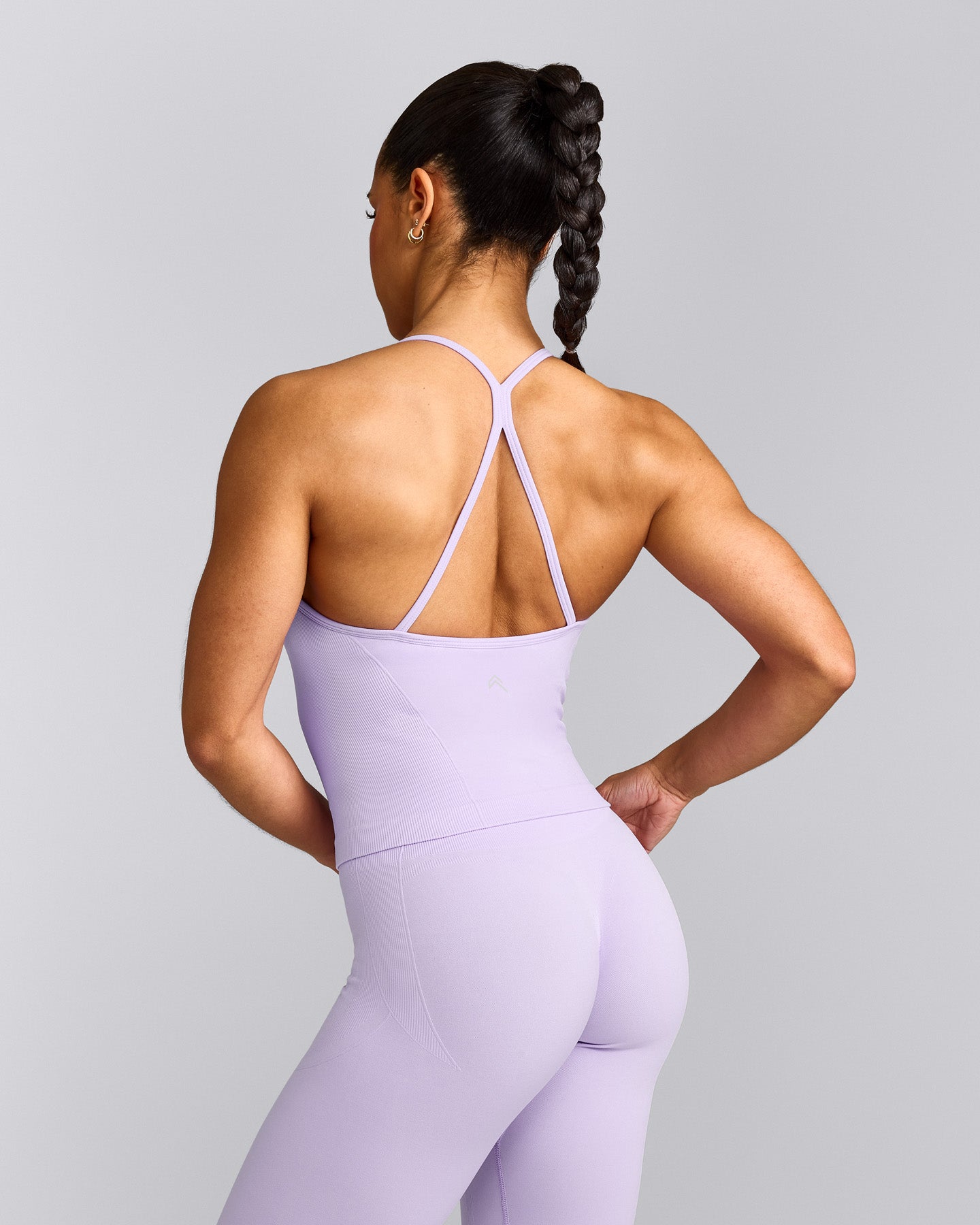 EnhanceLift™ Seamless Strappy Racer Tank Top with Built in Bra Shelf with Grey Logo | Lavender Purple