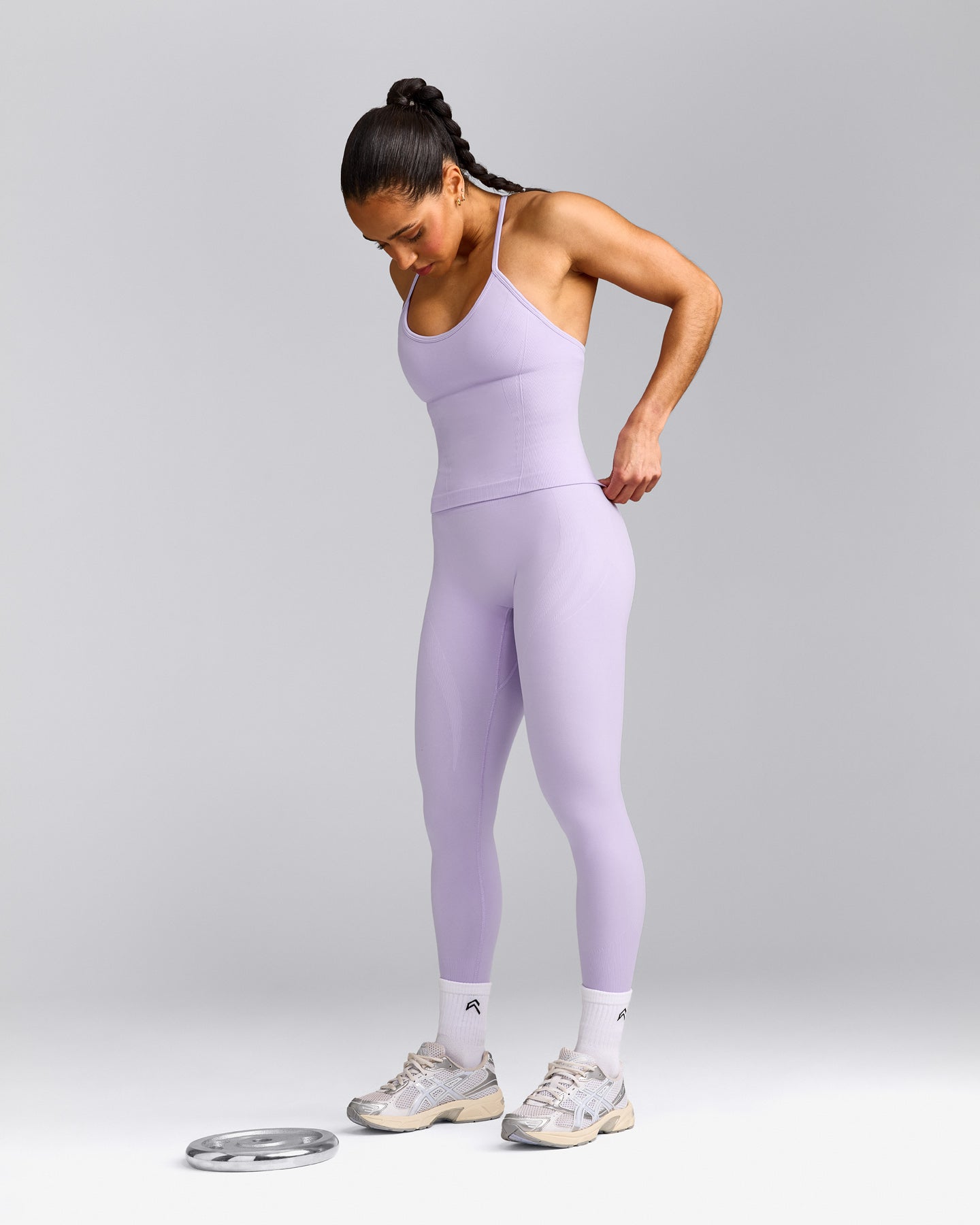 EnhanceLift™ Seamless Strappy Racer Tank Top with Built in Bra Shelf with Grey Logo | Lavender Purple