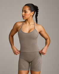 EnhanceLift™ Seamless Strappy Racer Vest with Built in Bra Shelf with Grey Logo | Warm Minky
