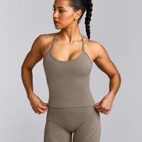 EnhanceLift™ Seamless Strappy Racer Tank Top with Built in Bra Shelf with Grey Logo | Warm Minky