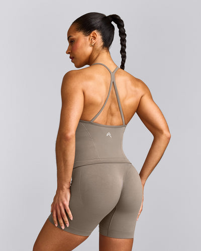 EnhanceLift™ Seamless Strappy Racer Tank Top with Built in Bra Shelf with Grey Logo | Warm Minky