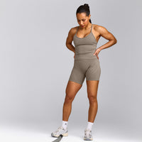 EnhanceLift™ Seamless Strappy Racer Tank Top with Built in Bra Shelf with Grey Logo | Warm Minky