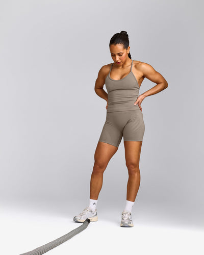 EnhanceLift™ Seamless Strappy Racer Tank Top with Built in Bra Shelf with Grey Logo | Warm Minky