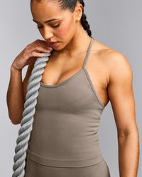 EnhanceLift™ Seamless Strappy Racer Tank Top with Built in Bra Shelf with Grey Logo | Warm Minky
