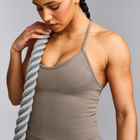 EnhanceLift™ Seamless Strappy Racer Tank Top with Built in Bra Shelf with Grey Logo | Warm Minky