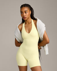 SoftMotion™ Halter Neck All In One Short with Grey Logo | Pastel Yellow