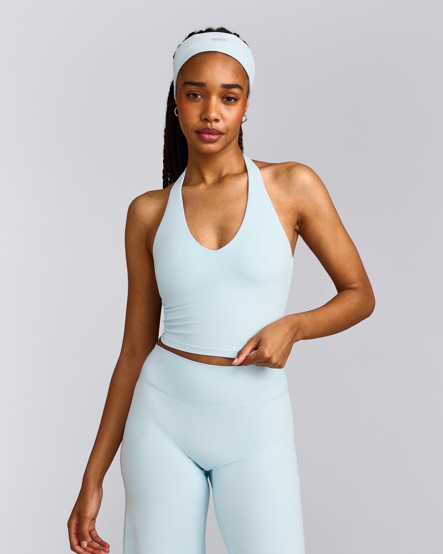 SoftMotion™ Halter Neck Mid Tank Top with Built in Bra Shelf with Grey Logo | Cloud Blue