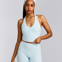 SoftMotion™ Halter Neck Mid Tank Top with Built in Bra Shelf with Grey Logo | Cloud Blue