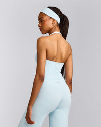 SoftMotion™ Halter Neck Mid Tank Top with Built in Bra Shelf with Grey Logo | Cloud Blue