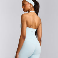 SoftMotion™ Halter Neck Mid Tank Top with Built in Bra Shelf with Grey Logo | Cloud Blue