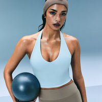 SoftMotion™ Halter Neck Mid Tank Top with Built in Bra Shelf with Grey Logo | Cloud Blue