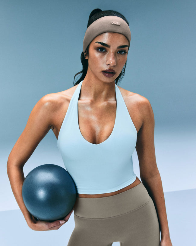 SoftMotion™ Halter Neck Mid Tank Top with Built in Bra Shelf with Grey Logo | Cloud Blue
