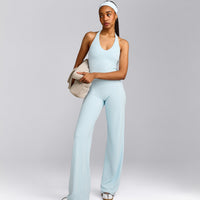 SoftMotion™ Halter Neck Mid Tank Top with Built in Bra Shelf with Grey Logo | Cloud Blue