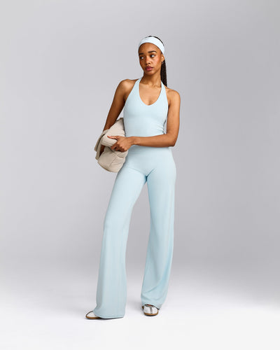 SoftMotion™ Halter Neck Mid Tank Top with Built in Bra Shelf with Grey Logo | Cloud Blue