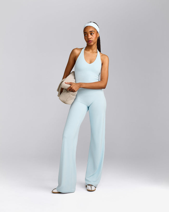 SoftMotion™ Halter Neck Mid Tank Top with Built in Bra Shelf with Grey Logo | Cloud Blue