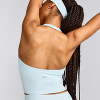 SoftMotion™ Halter Neck Mid Tank Top with Built in Bra Shelf with Grey Logo | Cloud Blue