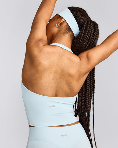 SoftMotion™ Halter Neck Mid Tank Top with Built in Bra Shelf with Grey Logo | Cloud Blue