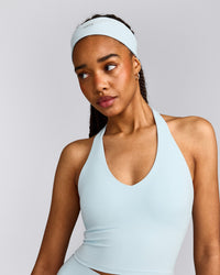 SoftMotion™ Halter Neck Mid Tank Top with Built in Bra Shelf with Grey Logo | Cloud Blue