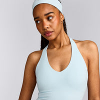 SoftMotion™ Halter Neck Mid Tank Top with Built in Bra Shelf with Grey Logo | Cloud Blue