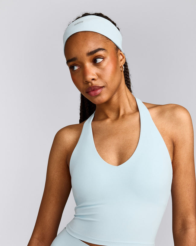 SoftMotion™ Halter Neck Mid Tank Top with Built in Bra Shelf with Grey Logo | Cloud Blue