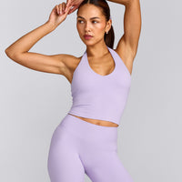 SoftMotion™ Halter Neck Mid Tank Top with Built in Bra Shelf with Grey Logo | Lavender Purple