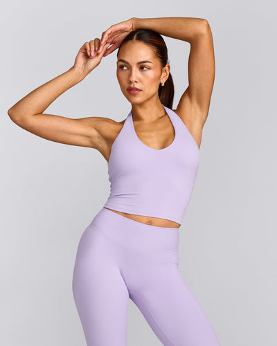 SoftMotion™ Halter Neck Mid Tank Top with Built in Bra Shelf with Grey Logo | Lavender Purple