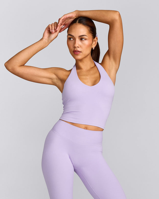 SoftMotion™ Halter Neck Mid Tank Top with Built in Bra Shelf with Grey Logo | Lavender Purple