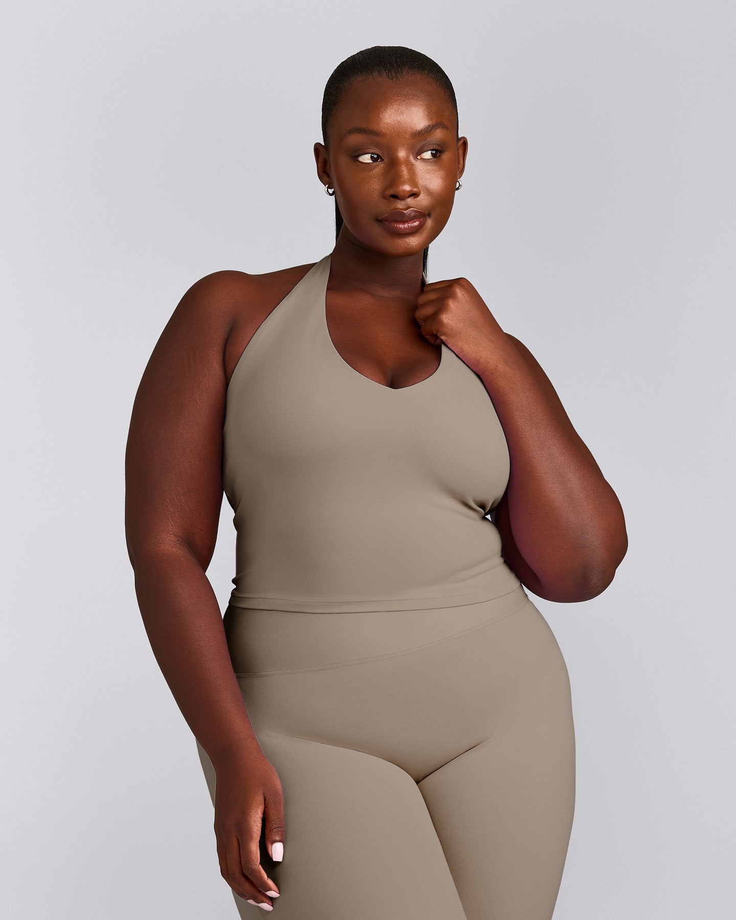 SoftMotion™ Halter Neck Mid Tank Top with Built in Bra Shelf with Grey Logo | Minky