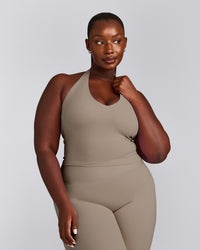 SoftMotion™ Halter Neck Mid Tank Top with Built in Bra Shelf with Grey Logo | Minky