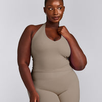 SoftMotion™ Halter Neck Mid Tank Top with Built in Bra Shelf with Grey Logo | Minky