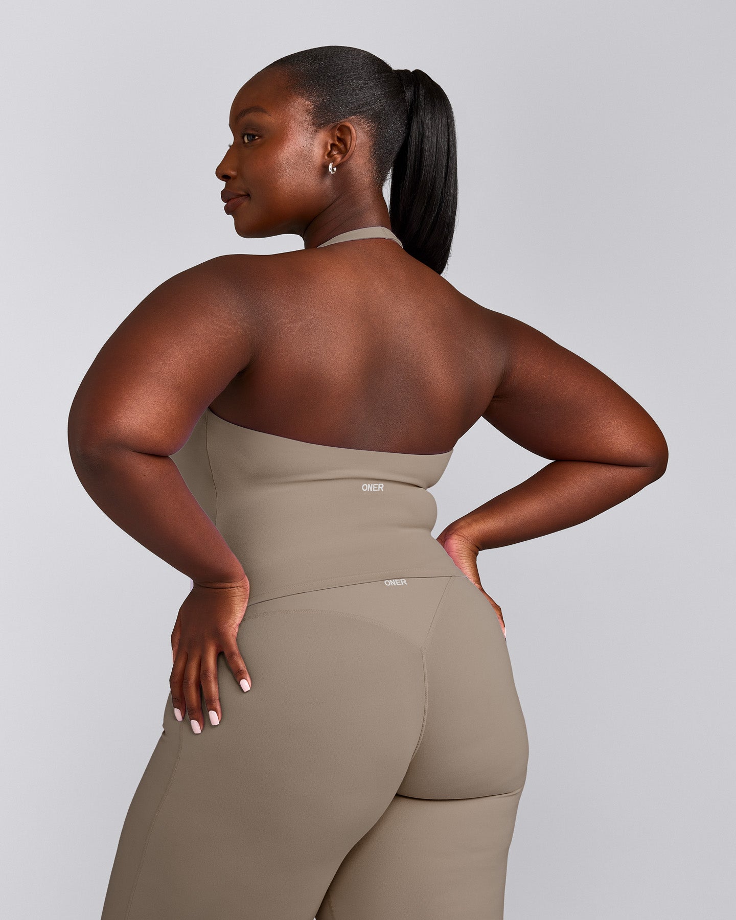 SoftMotion™ Halter Neck Mid Tank Top with Built in Bra Shelf with Grey Logo | Minky