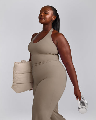 SoftMotion™ Halter Neck Mid Tank Top with Built in Bra Shelf with Grey Logo | Minky