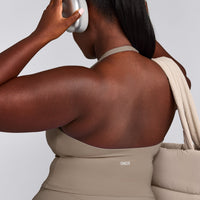 SoftMotion™ Halter Neck Mid Tank Top with Built in Bra Shelf with Grey Logo | Minky