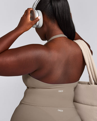 SoftMotion™ Halter Neck Mid Tank Top with Built in Bra Shelf with Grey Logo | Minky