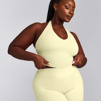 SoftMotion™ Halter Neck Mid Tank Top with Built in Bra Shelf with Grey Logo | Pastel Yellow