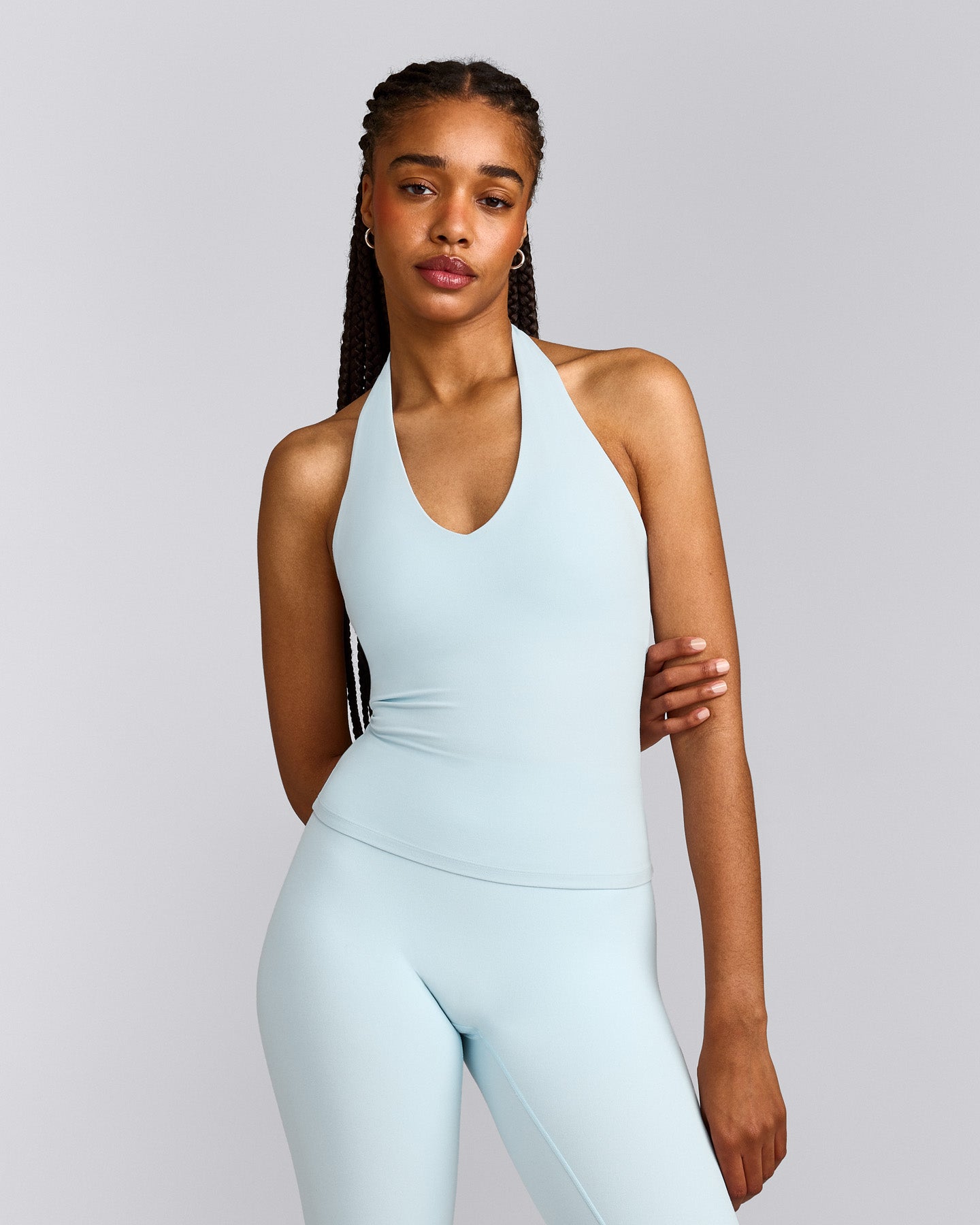 SoftMotion™ Halter Neck Tank Top with Built in Bra Shelf with Grey Logo | Cloud Blue