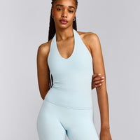 SoftMotion™ Halter Neck Tank Top with Built in Bra Shelf with Grey Logo | Cloud Blue
