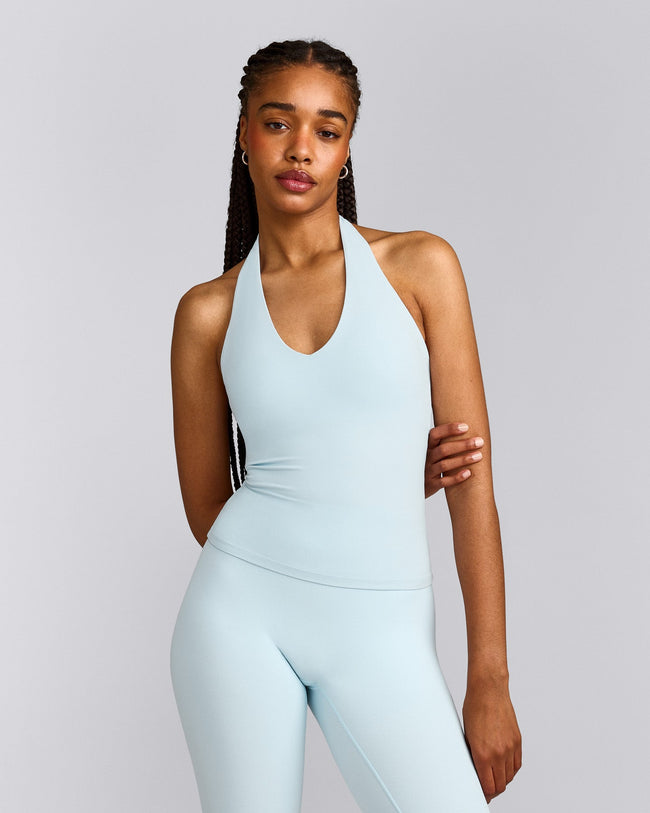 SoftMotion™ Halter Neck Tank Top with Built in Bra Shelf with Grey Logo | Cloud Blue